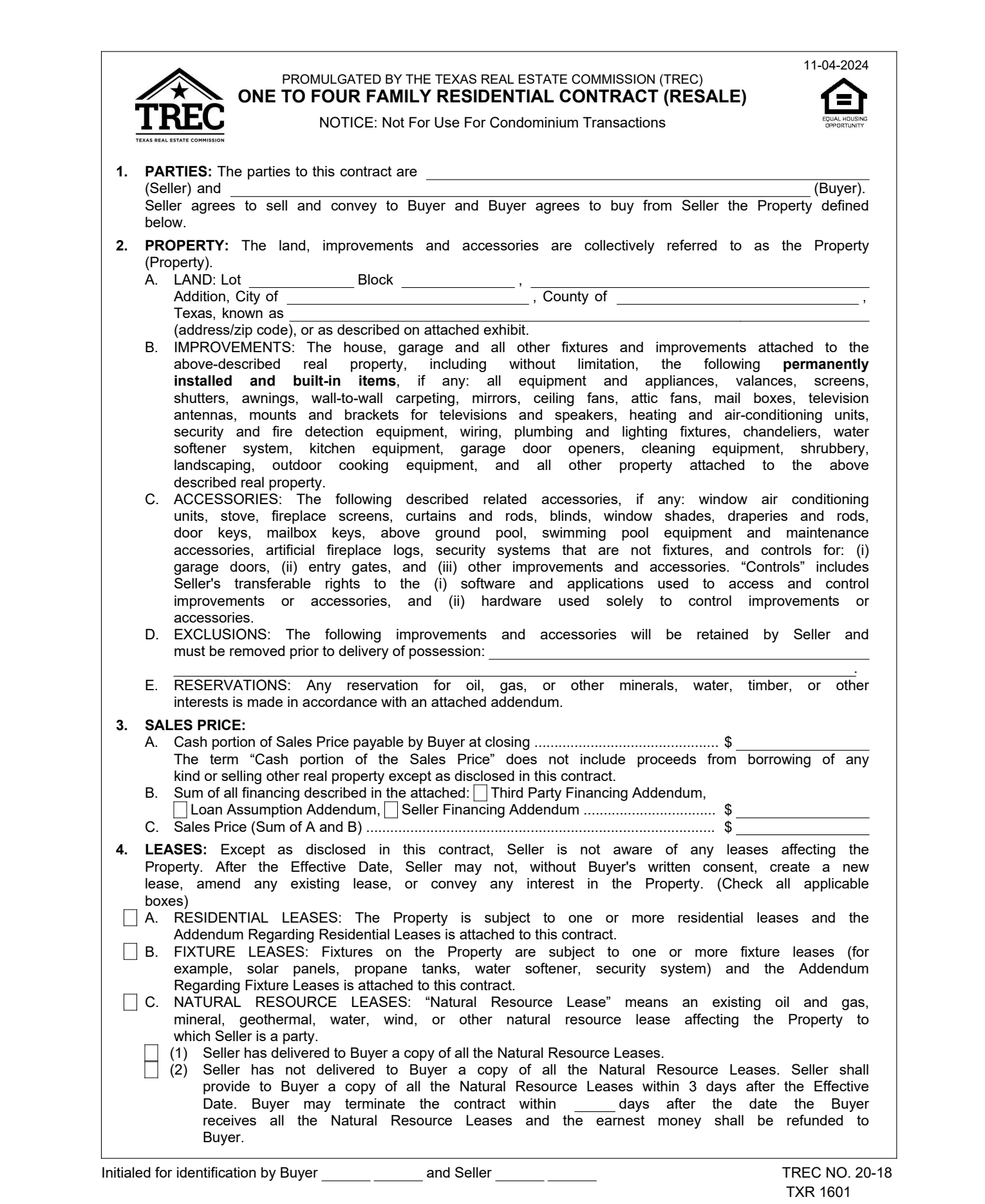TREC 20-17 — One to Four Family Residential Contract, page 1